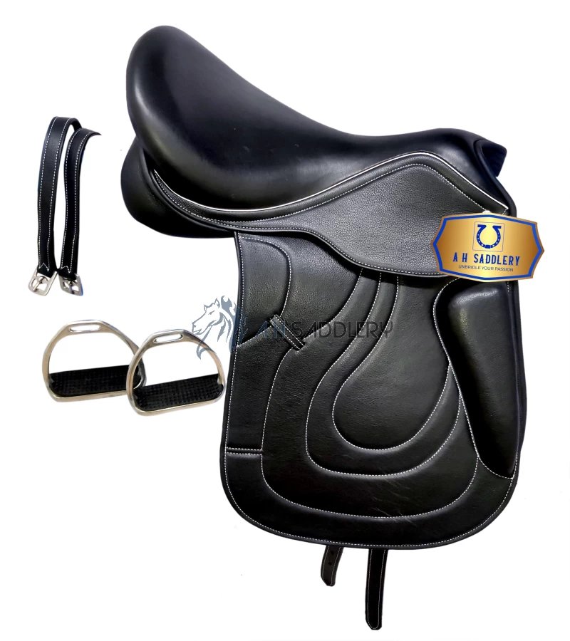 Handmade Leather English Dressage Saddle With Stitching  & Tack Set with Matching Bridle, Reins